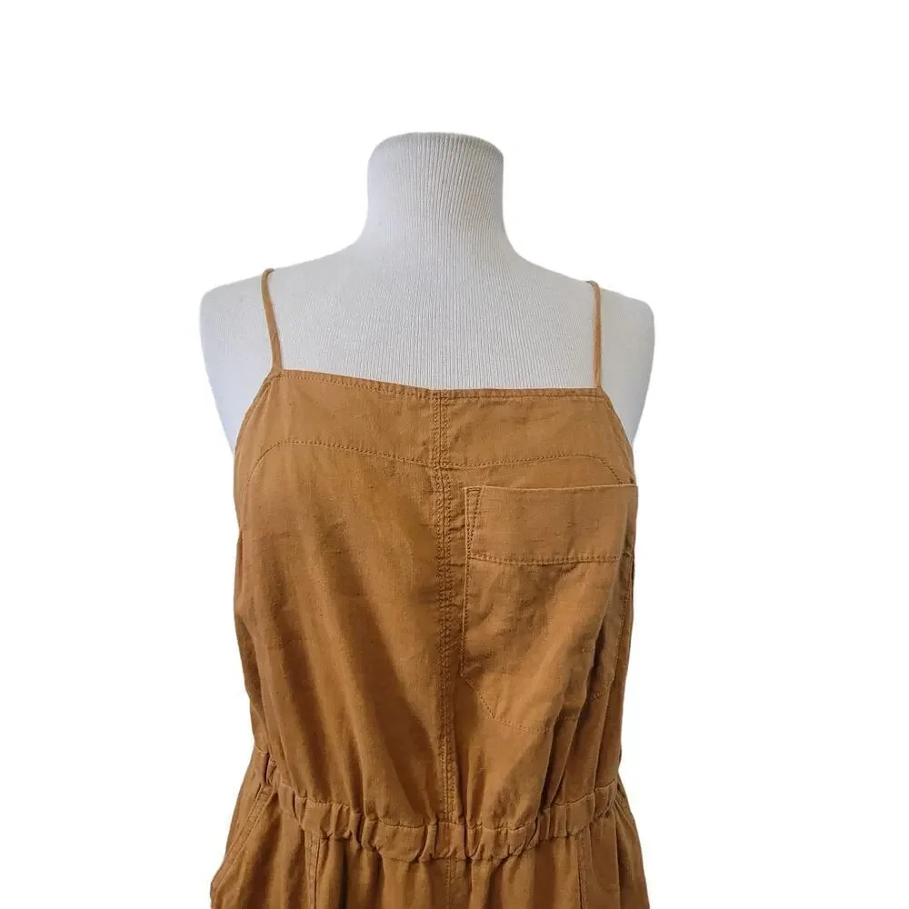 Everlane Linen Sleeveless Spaghetti Strap Open Back Mustard Orange Pant Jumpsuit